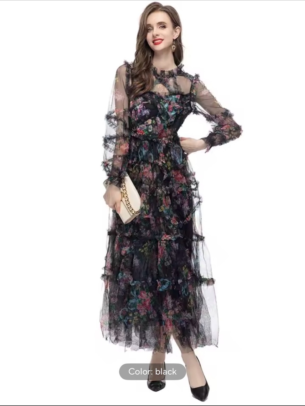 Sheer Black Floral Tiered Maxi Tulle Dress